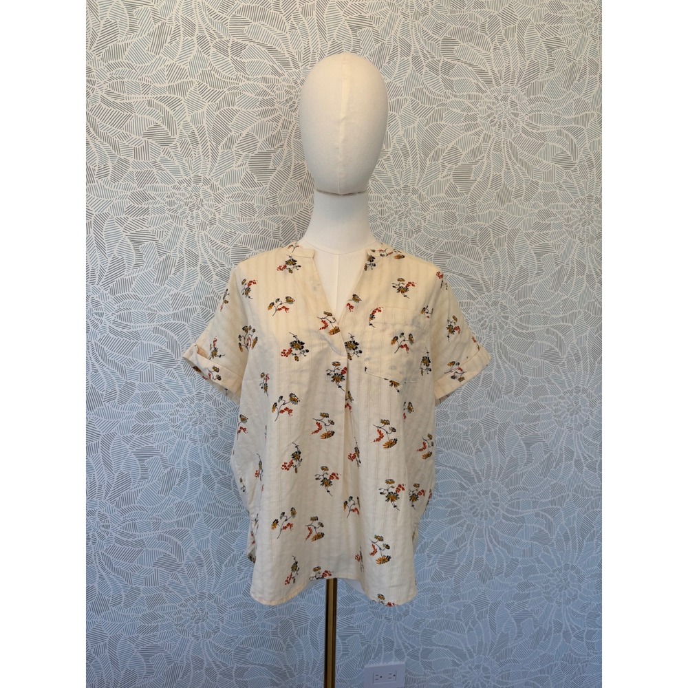 Madewell Cotton Vintage Floral Fall Colors Cotton Split Neck Short Sleeve S